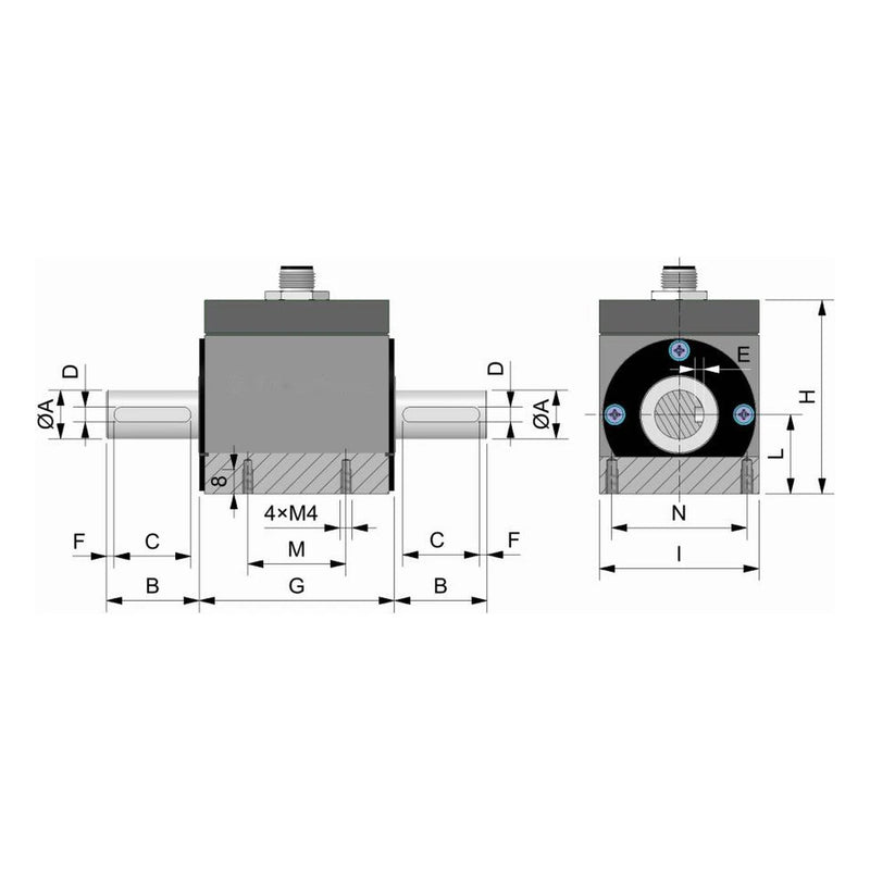 Maßzeichnung Drehmomentsensor MDAC mit Welle, Passfedernut und Gehäuse