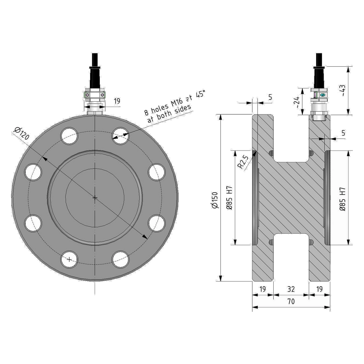 Maßzeichnung Drehmomentsensor MSAA TRX für 3 und 5 kN·m mit Flansch Ø 150 mm