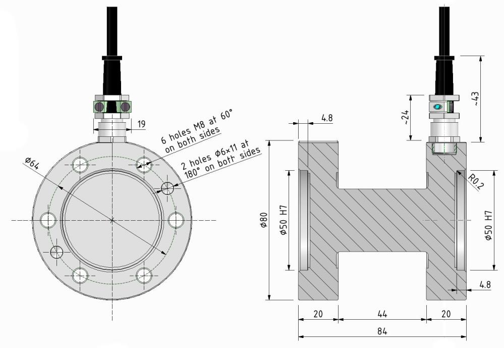 Maßzeichnung Drehmomentsensor MSAA TRX für 50 und 100 N·m mit Flansch Ø 80 mm