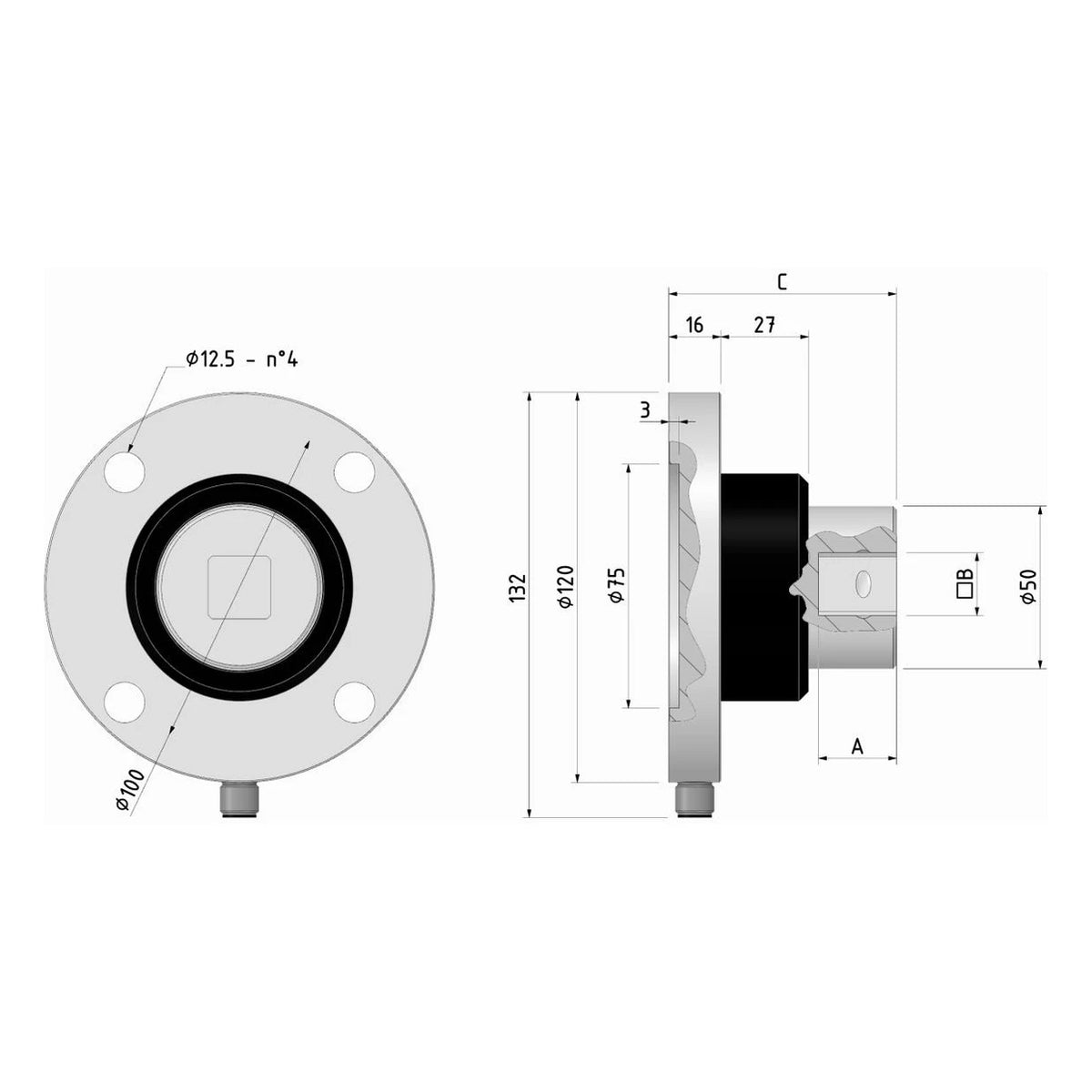 Maßzeichnung Drehmomentsensor MSAB mit Flansch Ø 132 mm und Lochkreis Ø 100 mm