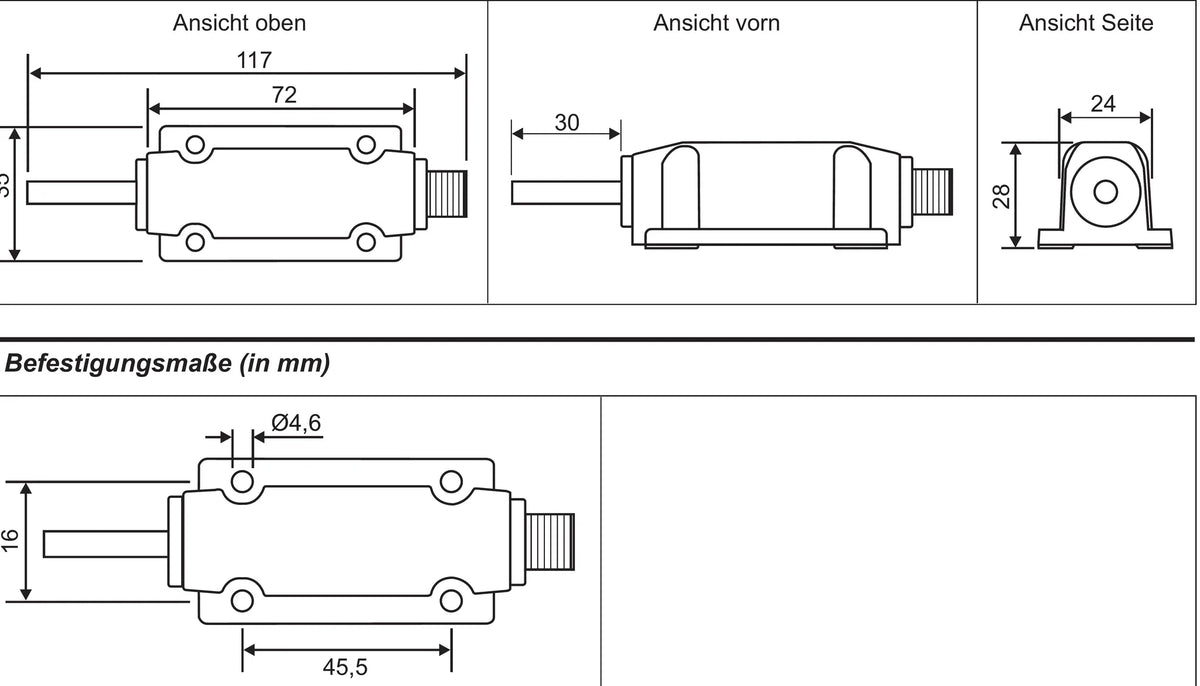 TRMA Raum-Temperatursensor MITS – Maßzeichnung mit Abmessungen