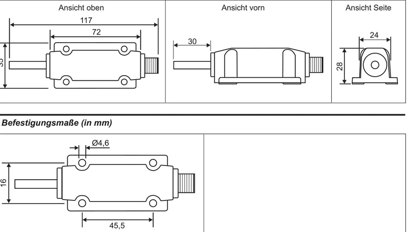TRMA Raum-Temperatursensor MITS – Maßzeichnung mit Abmessungen